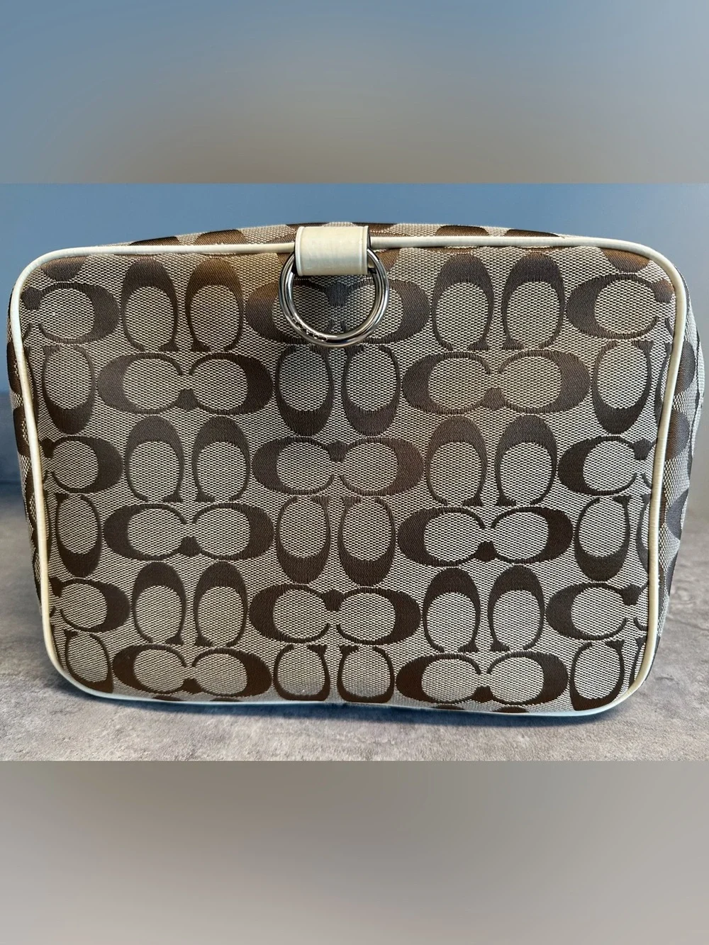 Coach Brown Signature Canvas Travel Make Up Cosmetic Case with Cream Trim